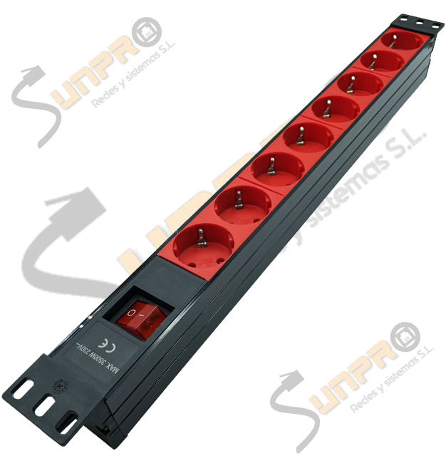 Regleta 19" 1U 8 schukos rojos con interruptor PVC negro
